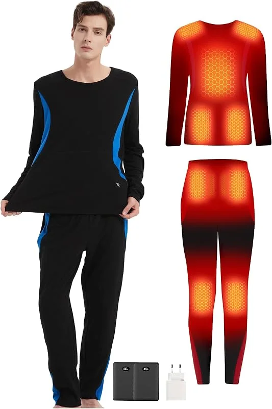 CYCYHEAT Set Biancheria Intima Riscaldabile per Uomo con Batteria 10000mAh, Biancheria Termica Elettrica con 3 Livelli di Temperatura Regolabile — Abbigliamento riscaldato