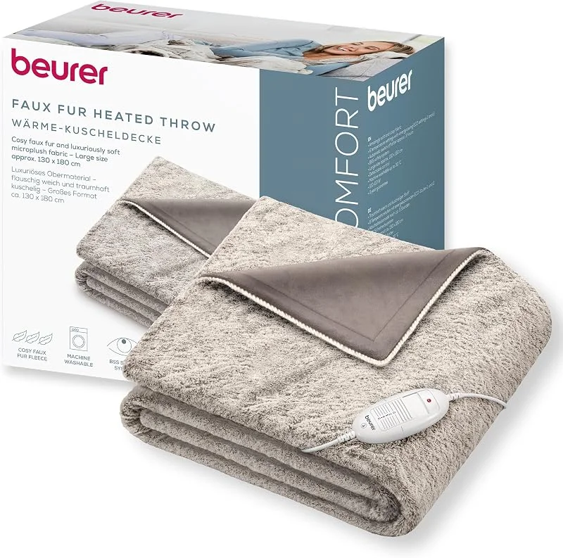 Beurer HD 75 Nordic Coperta elettrica, effetto pelliccia sintetica, con 6 livelli di temperatura, lavabile in lavatrice a 30 °C, coperta elettrica con spegnimento automatico, beige, marrone, 180x130 cm — Riscaldamento