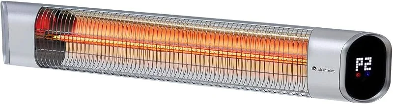 Blumfeldt Dark Wave Riscaldatore a infrarossi, Stufa da terrazzo, MinimalGlare Heating Tube: tubo carbonio dorato, 24 livelli calore, timer, IP65, display LED, riscaldatore da soffitto 2000 W, argento — Riscaldamento