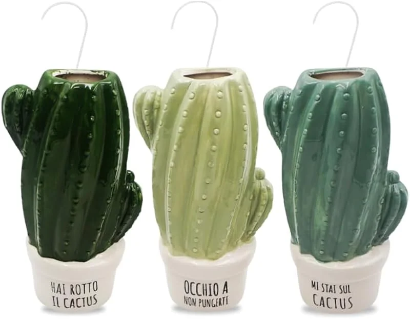 Paluplus Set 3 Evaporatori d'acqua per termosifoni in Ceramica, misura 8, 5x4, 5x17 cm, Umidificatore e gancio a S, Colore Verde -6355F (Cactus)