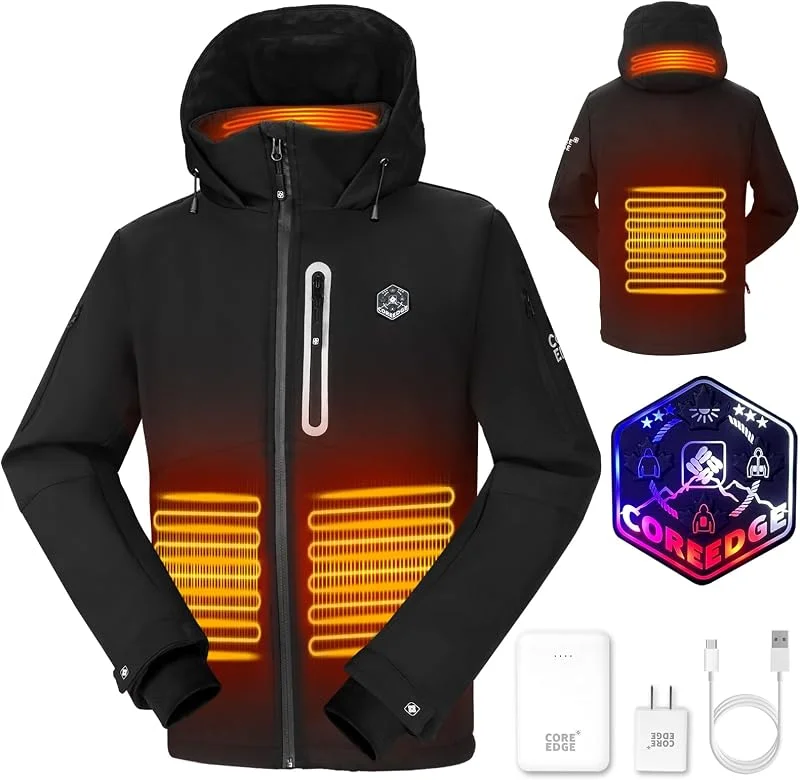 COREEDGE Giacca riscaldata da uomo, ricaricabile, elettrica, con batteria, scaldacorpo per campeggio, escursionismo, caccia, Nero, L — Abbigliamento riscaldato