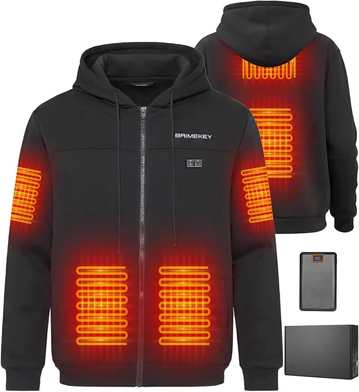 Giacca con Cappuccio Riscaldante con Cerniera e Interno in Pile per Uomo e Donna - Giacca Termica Intelligente 6 Zone, 3 Livelli di Calore - Batteria 7.4V 20000mAh per Outdoor, Campeggio — Abbigliamento riscaldato