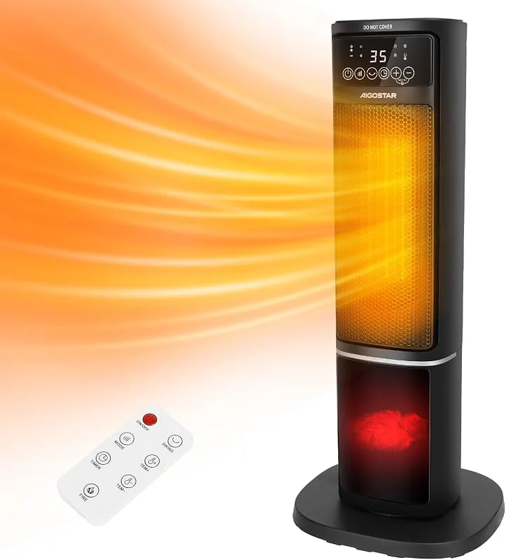 Aigostar Bert - Termoventilatore Ceramico Stufa Elettrica a Torre Silenziosa Riscaldatore elettrico con Telecomando 3 Modalità Termostato Regolabile, Timer 7.5h Oscillazione di 70 ° 2000W Nero — Riscaldamento