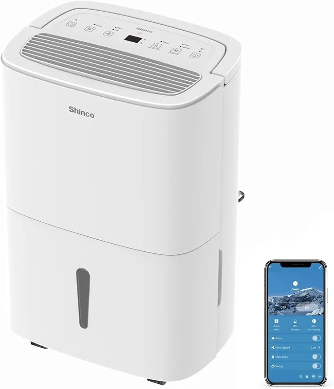 Shinco WIFI Deumidificatore Portatile 50L, Giorno con Pompa di Sollevamento, Purificatore d'aria, Filtro a Carbone Attivo, Timer 24 Ore, Scarico Continuo, Funzione Asciugatrice, Bianco